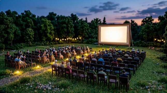 夕暮れの野外映画館でスクリーンを見る観客