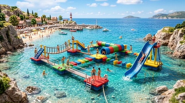 ターコイズブルーの海に浮かぶ水上アスレチック