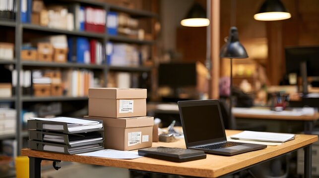 A wooden desk with stacked cardboard boxes  a laptop  and office supplies in a warmly lit workspace with shelves in the background