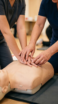 Medical trainees practicing CPR chest compressions on dummy torsos in classroom session