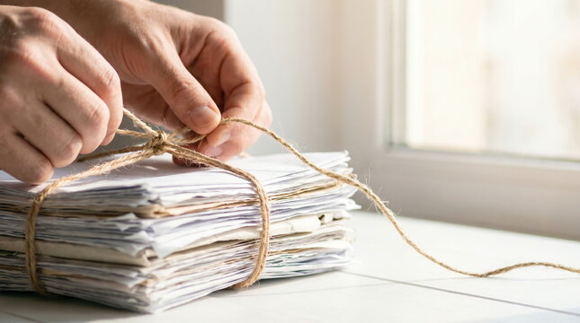Old letters tied with string by hands on white table, preserving memories and traditional communication