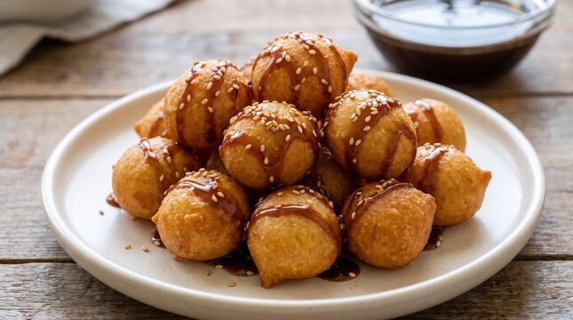 Fried dough balls drizzled with caramel sauce and sesame seeds on white plate. Sweet Asian dessert snack served on rustic wooden table.
