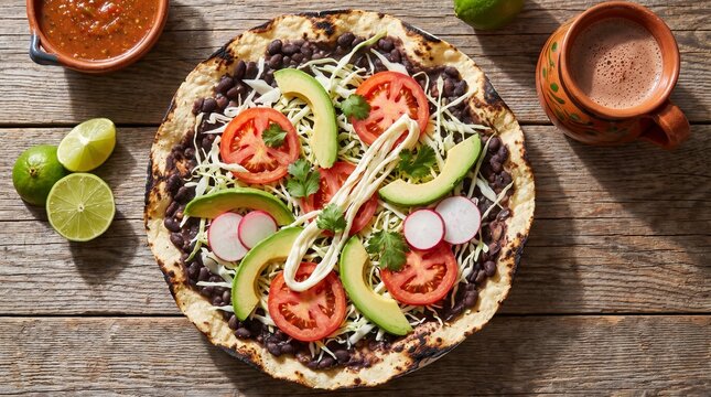 Mexican tlayuda with black beans, avocado, tomato and radish served with salsa, lime and hot chocolate. Traditional Oaxaca street food on rustic wooden table.