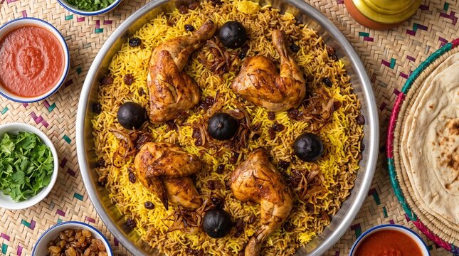 Traditional arabic chicken machboos with spiced yellow rice in large platter on woven mat. Middle eastern cuisine with dried lime, raisins, sauce and flatbread.