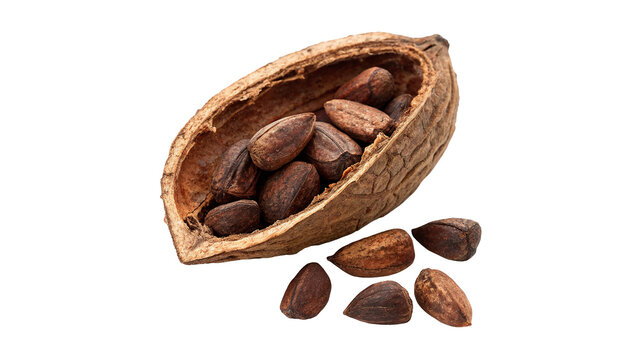 Whole and cracked raw cocoa pod with beans isolated on transparent background.