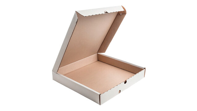 Opened empty square brown cardboard pizza box package isolated on transparent background.