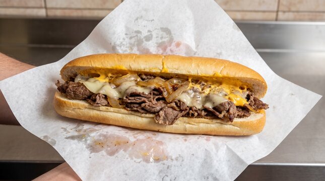 Hand holding philly cheesesteak sandwich with beef, melted cheese and onion on hoagie roll. Street food served in paper wrapper on counter. American fast food snack concept.