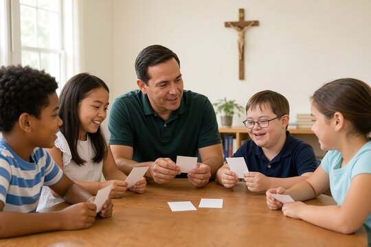 Engaging catechism class with children learning from teacher around table. Catechism discussion involves interactive learning with flashcards and joyful participation from children.