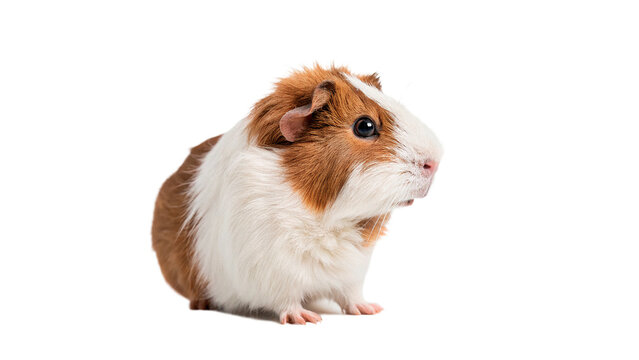 Cute small white and brown domestic guinea pig isolated on transparent background.