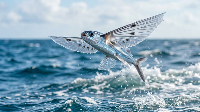 Majestic flying fish soaring over the ocean surface