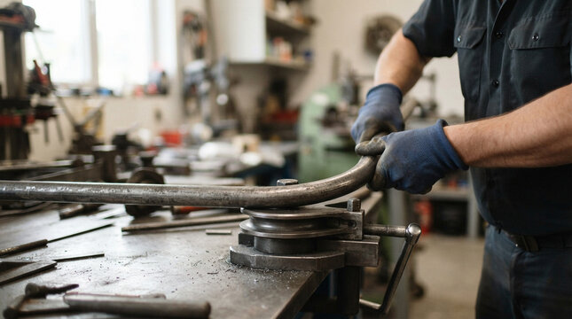 Metalworker using a manual pipe bender in an industrial workshop