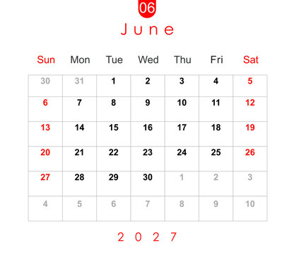 June 2027 calendar. Monthly calendar layout for June 2027. Calendar and diary planner June 2027 isolated on white background.
