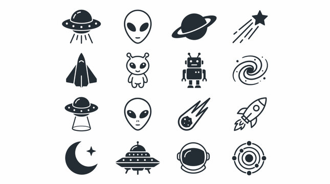 Collection of 16 minimalist UFO, alien, outer-space, and extraterrestrial themed icons.