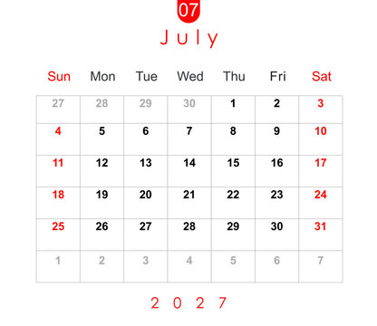 July 2027 calendar. Monthly calendar layout for July 2027. Calendar and diary planner July 2027 isolated on white background.