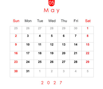 May 2027 calendar. Monthly calendar layout for May 2027. Calendar and diary planner May 2027 isolated on white background.