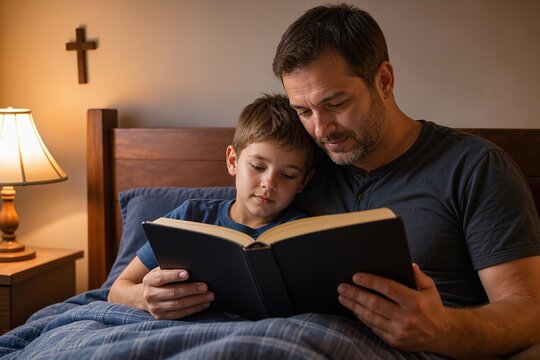 Father and son reading Bible together at bedtime in cozy bedroom. Intimate moments of parent-child bonding over scripture create warmth and love. Perfect for family themes and spiritual reflections.