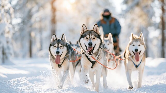 Energetic huskies pulling a sled through a winter forest. Happy dog team running fast on snow with a musher