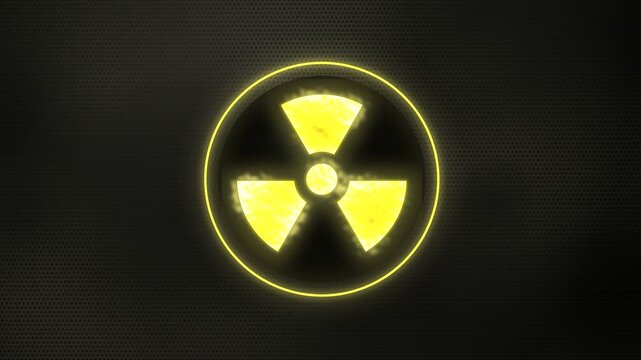 Animated glowing yellow radiation warning symbol with glitch effect on dark metal, nuclear hazard, radioactive danger and atomic energy warning sign