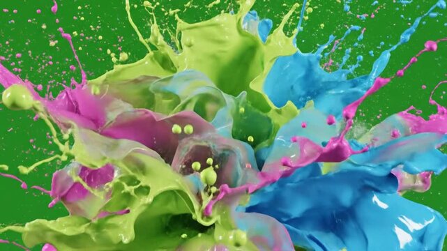 Colorful Liquid Paint Splash Bursting Upward in Slow Motion on Green Screen Background
