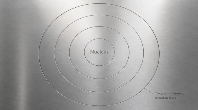 Minimalist diagram of four concentric circles etched into a brushed metal surface with text reading Nucleus and a callout line pointing to a specific dot on the outer ring.