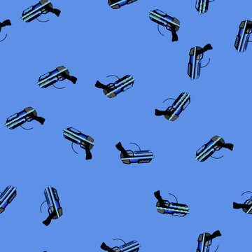 seamless pattern Sci fi weapon design for children's games, featuring a sleek blue and black body with luminous green details, creating an exciting prop for active entertainment and imaginative play