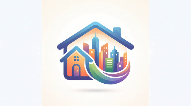 Abstract Modern Real Estate Logo Design Featuring City Skyline and Colorful House Silhouette