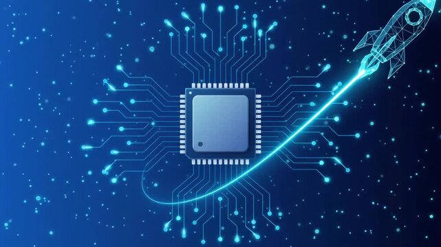 Glowing CPU chip and launching rocket digital animation background