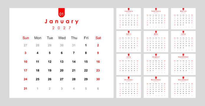 Yearly Calendar 2027, Calendar 2027 vector illustrator, calendar template, calendar planner 2027