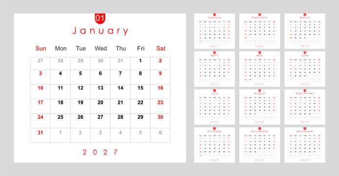 calendar for 2027, yearly calendar vector in 2027,  calendar planner, calendar template 2027.