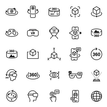 Virtual reality and augmented reality line icons, 25 vector elements for VR technology, 360 degree view and simulation interface symbols