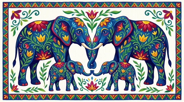Illustration of a wild animal family, Colorful Family of Elephants with Floral Designs
