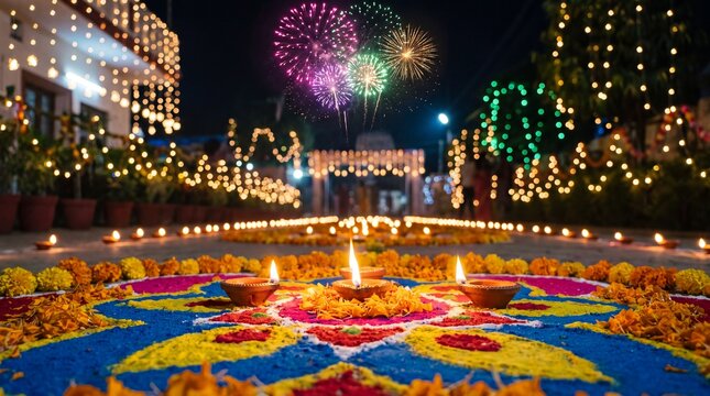 Diwali celebration with lit diyas and colorful fireworks in the night sky.