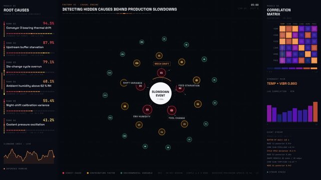 A sophisticated AI dashboard visualizes hidden production slowdown causes with a dynamic network graph and detailed correlation matrix in dark mode for advanced analysis.