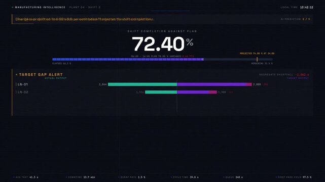 A comprehensive manufacturing intelligence dashboard visualizes missed targets with real-time metrics and alerts, enhancing productivity and decision-making in industrial environments.