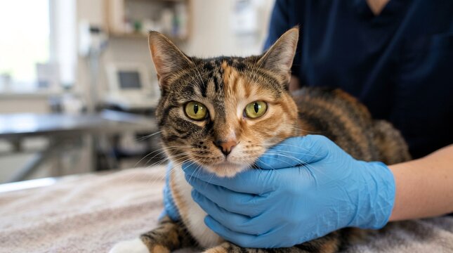 Veterinarian examining cute domestic cat during medical checkup in clinic