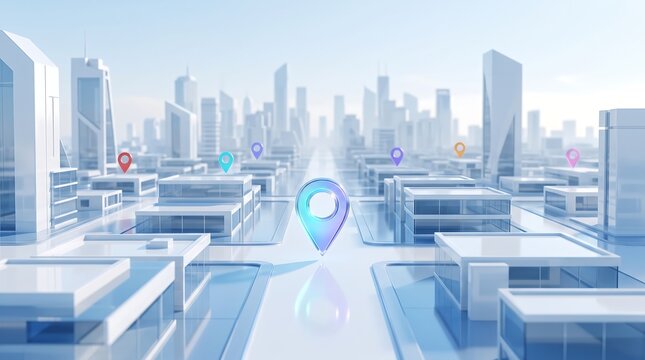Abstract city center with multiple glowing navigation pins floating above streets representing urban mapping services and location tracking technology 3d render