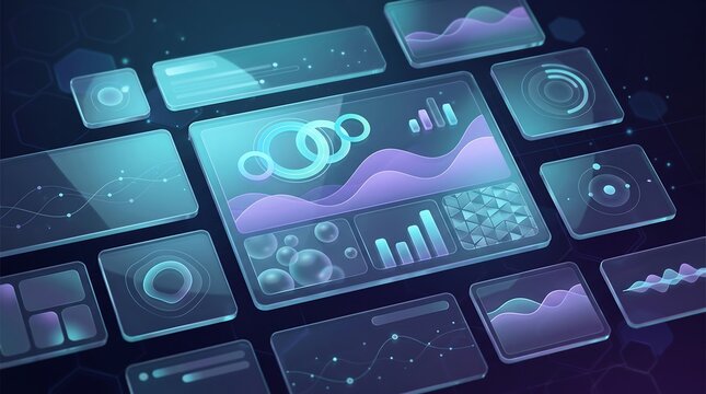 Futuristic digital dashboard interface with glassmorphism elements representing advanced data analytics and information visualization for modern software development and business intelligence