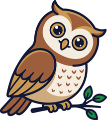 Fototapeta premium Cute Cartoon Owl Sitting on Branch – Adorable Brown and Beige Bird Illustration