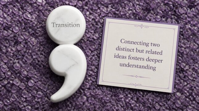 Top-down view of a white marble semicolon engraved with Transition word beside a text card on purple crystal background regarding connecting ideas and understanding.