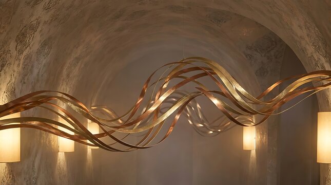 Floating abstract metallic ribbons installation with glowing warm lights inside vaulted stone ceiling tunnel.