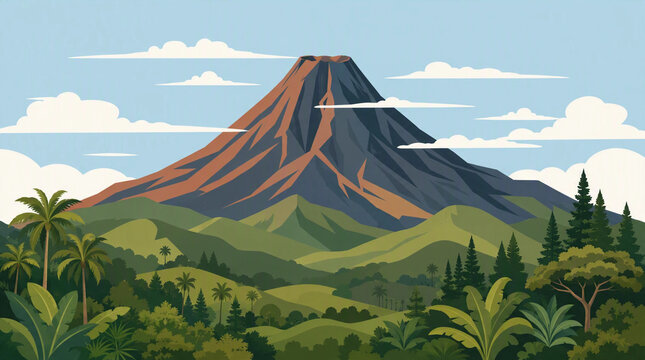 Majestic volcano or mountain landscape with tropical rainforest and clouds in flat vector style.