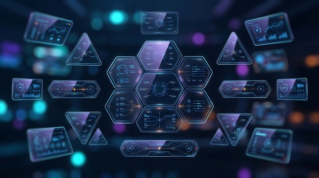 Futuristic digital dashboard with floating glass panels and triangular data visualization modules