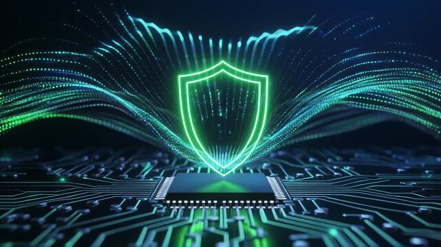 Cyber Security Shield Protection Concept with Glowing Digital Circuit Background
