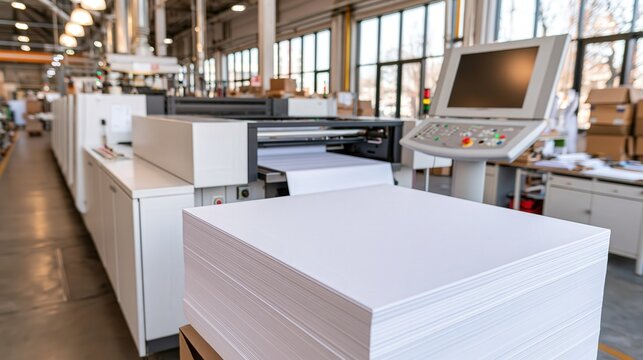 Industrial printing press with stacks of paper ready for production.
