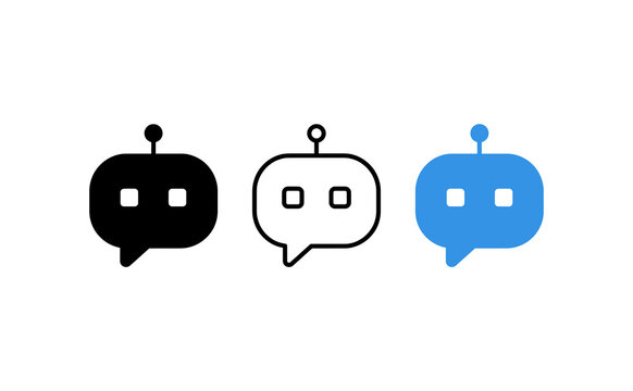 Chatbot icon set in flat, outline, and blue styles, artificial intelligence chat bubble symbols, virtual assistant logo for customer support