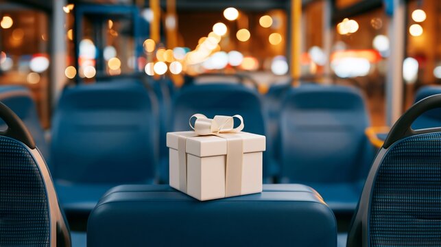 Gift box on bus seat, a surprise delivery during a night journey in an empty city public transport