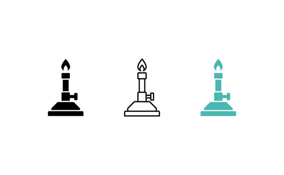 Bunsen burner icon set in three styles, laboratory gas burner vector illustration, science experiment equipment symbols on white background