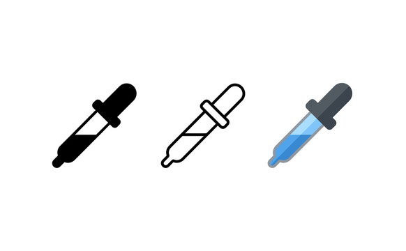 Minimalist dropper icon set in three styles, pipette vector graphic for digital design, color picker tool symbols on white background
