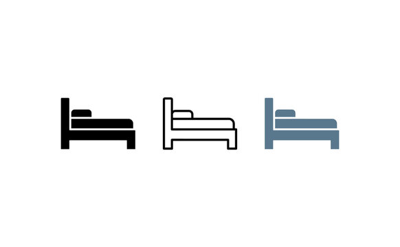 Minimalist bed icon set in three styles, hotel accommodation symbol vector, black solid and outline bedroom sign for wayfinding and UI design