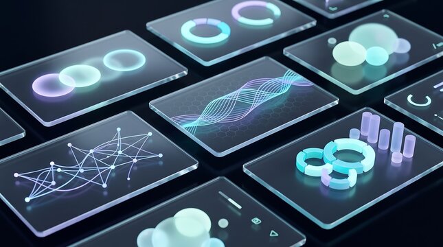 Collection of digital glass display panels with glowing data charts and interactive charts for business analytics and financial reporting in a high-tech corporate environment setting
